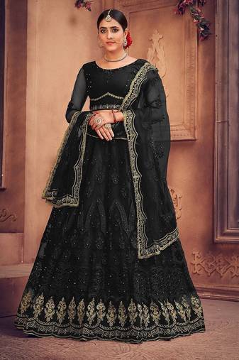 Embroidered Thread Work Semi-Stitched Net Lehenga & Blouse With Dupatta