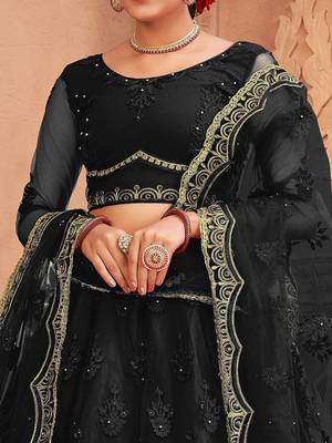 Embroidered Thread Work Semi-Stitched Net Lehenga & Blouse With Dupatta 2