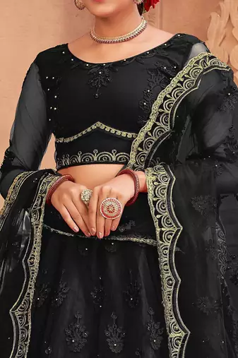 Embroidered Thread Work Semi-Stitched Net Lehenga & Blouse With Dupatta