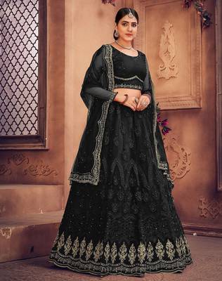 Embroidered Thread Work Semi-Stitched Net Lehenga & Blouse With Dupatta 3