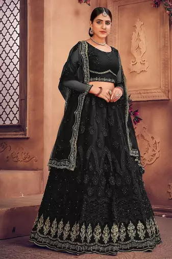 Embroidered Thread Work Semi-Stitched Net Lehenga & Blouse With Dupatta