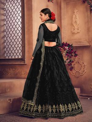 Embroidered Thread Work Semi-Stitched Net Lehenga & Blouse With Dupatta 4