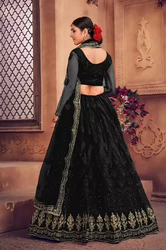 Embroidered Thread Work Semi-Stitched Net Lehenga & Blouse With Dupatta