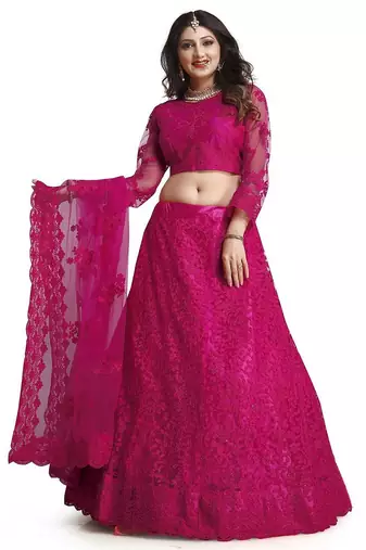 Embroidered Thread Work Semi-Stitched Net Lehenga & Blouse With Dupatta