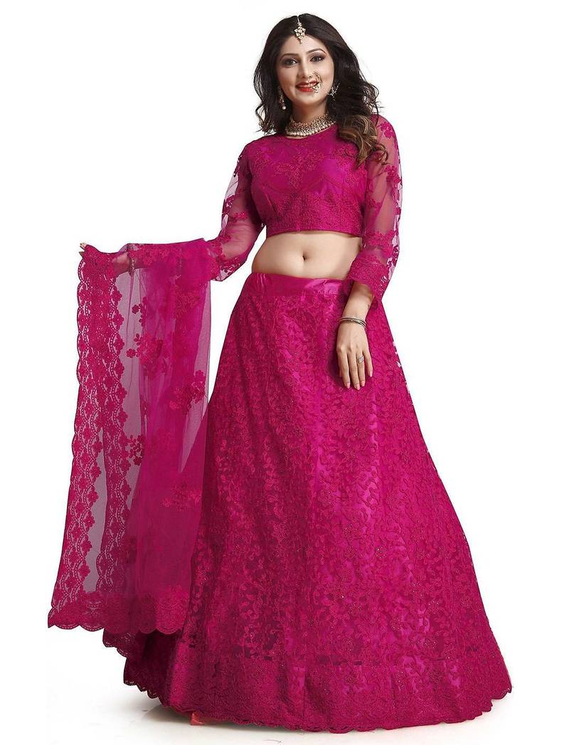 Embroidered Thread Work Semi-Stitched Net Lehenga & Blouse With Dupatta