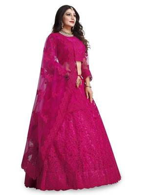 Embroidered Thread Work Semi-Stitched Net Lehenga & Blouse With Dupatta 3