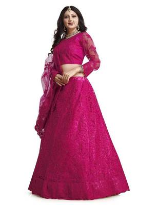 Embroidered Thread Work Semi-Stitched Net Lehenga & Blouse With Dupatta 4