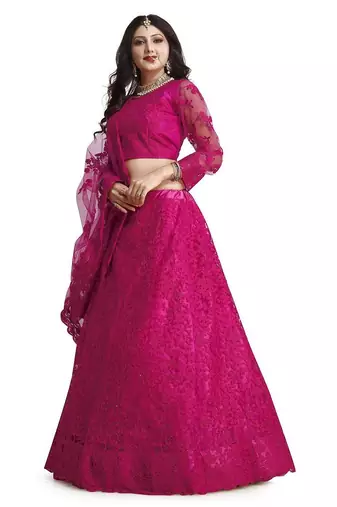Embroidered Thread Work Semi-Stitched Net Lehenga & Blouse With Dupatta