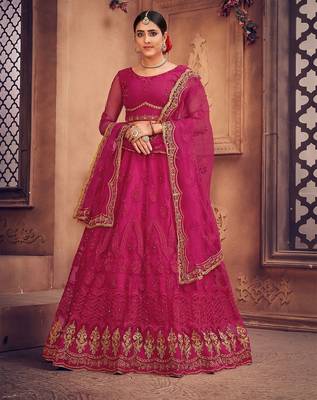 Embroidered Thread Work Semi-Stitched Net Lehenga & Blouse With Dupatta 1