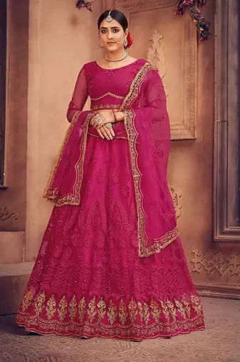 Embroidered Thread Work Semi-Stitched Net Lehenga & Blouse With Dupatta