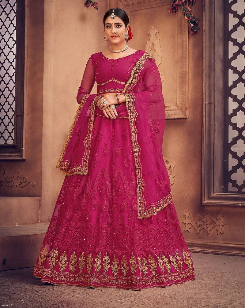 Embroidered Thread Work Semi-Stitched Net Lehenga & Blouse With Dupatta