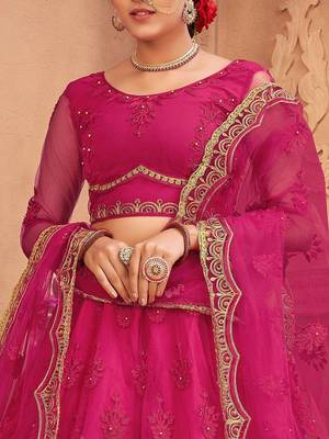 Embroidered Thread Work Semi-Stitched Net Lehenga & Blouse With Dupatta 2