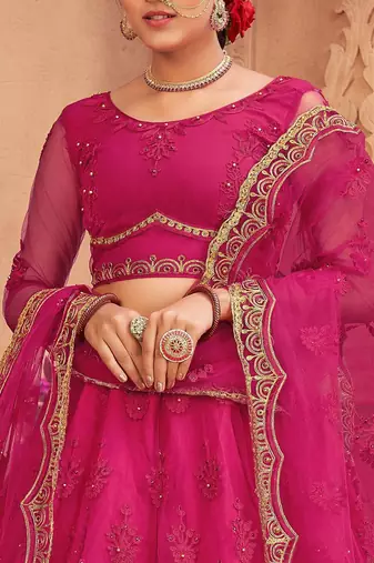 Embroidered Thread Work Semi-Stitched Net Lehenga & Blouse With Dupatta