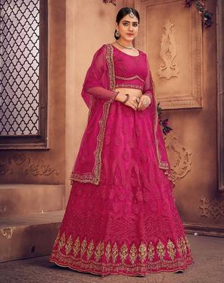Embroidered Thread Work Semi-Stitched Net Lehenga & Blouse With Dupatta 3