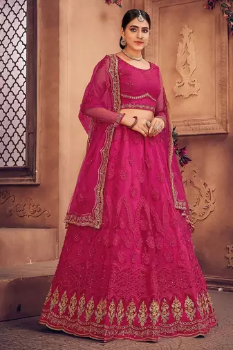 Embroidered Thread Work Semi-Stitched Net Lehenga & Blouse With Dupatta