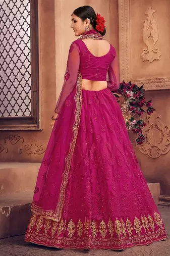 Embroidered Thread Work Semi-Stitched Net Lehenga & Blouse With Dupatta