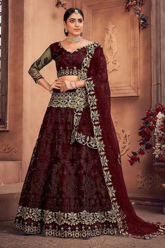 Embroidered Thread Work Semi-Stitched Net Lehenga & Blouse With Dupatta