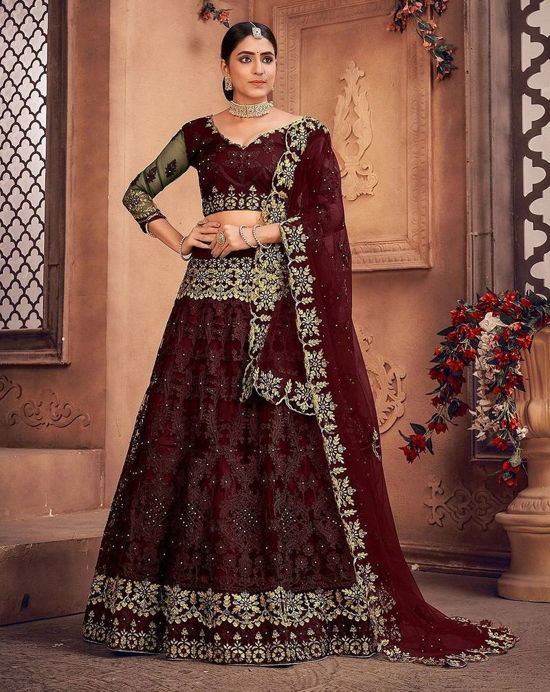 Embroidered Thread Work Semi-Stitched Net Lehenga & Blouse With Dupatta