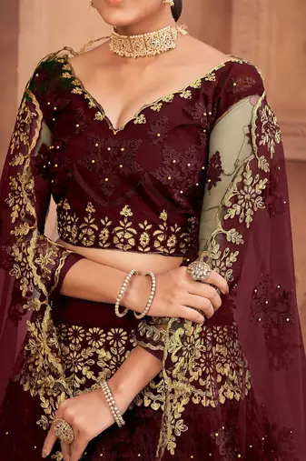 Embroidered Thread Work Semi-Stitched Net Lehenga & Blouse With Dupatta