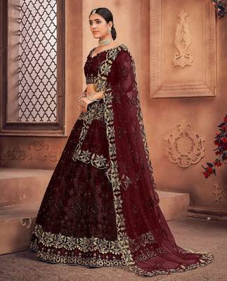 Embroidered Thread Work Semi-Stitched Net Lehenga & Blouse With Dupatta 3