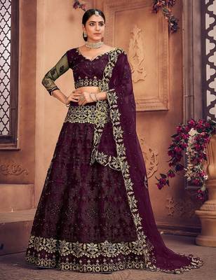 Embroidered Thread Work Semi-Stitched Net Lehenga & Blouse With Dupatta 1
