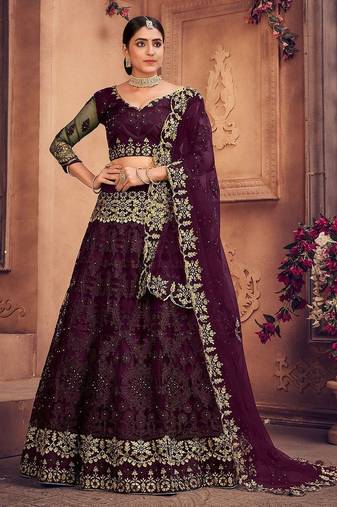 Embroidered Thread Work Semi-Stitched Net Lehenga & Blouse With Dupatta