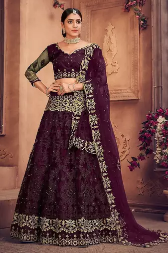 Embroidered Thread Work Semi-Stitched Net Lehenga & Blouse With Dupatta