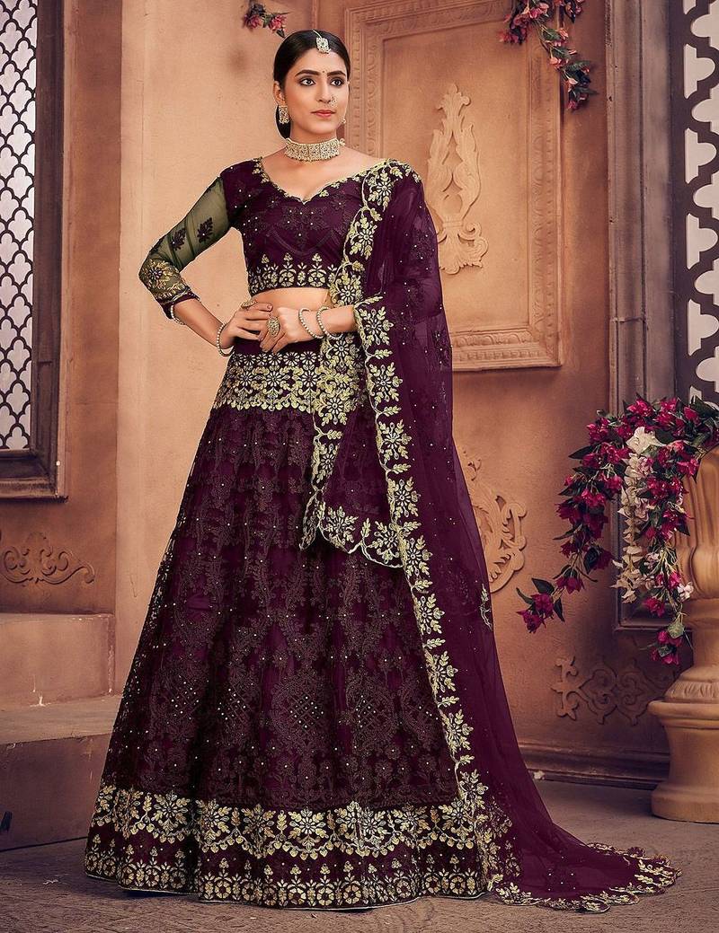 Embroidered Thread Work Semi-Stitched Net Lehenga & Blouse With Dupatta