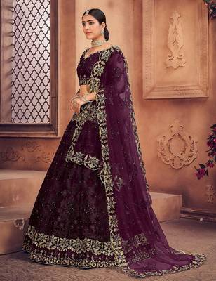 Embroidered Thread Work Semi-Stitched Net Lehenga & Blouse With Dupatta 3