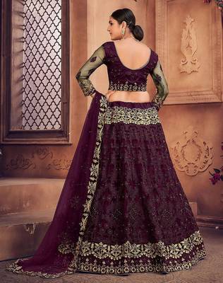 Embroidered Thread Work Semi-Stitched Net Lehenga & Blouse With Dupatta 4