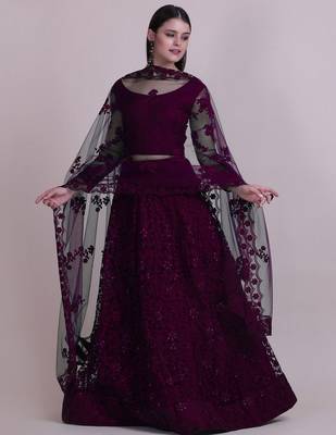 Embroidered Thread Work Semi-Stitched Net Lehenga & Blouse With Dupatta 1
