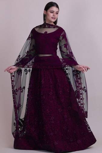 Embroidered Thread Work Semi-Stitched Net Lehenga & Blouse With Dupatta