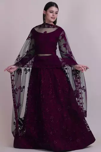 Embroidered Thread Work Semi-Stitched Net Lehenga & Blouse With Dupatta