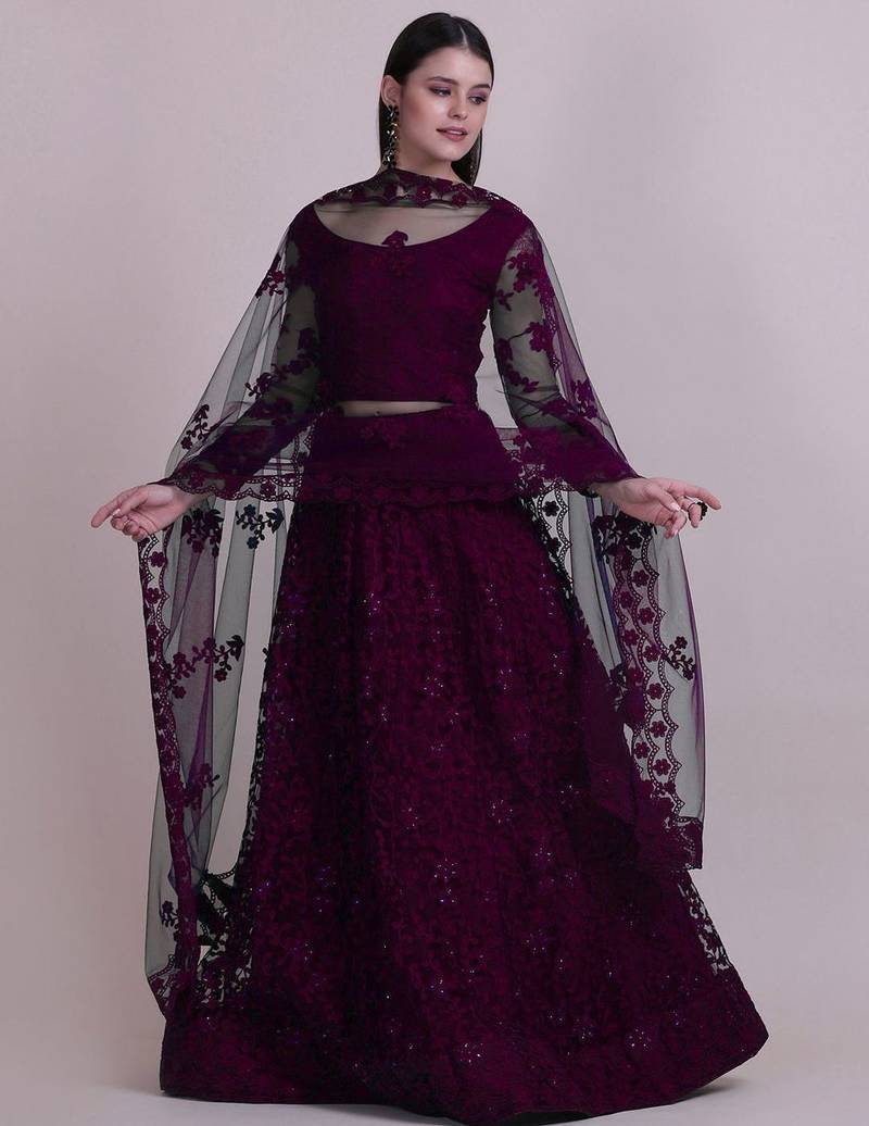 Embroidered Thread Work Semi-Stitched Net Lehenga & Blouse With Dupatta