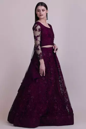 Embroidered Thread Work Semi-Stitched Net Lehenga & Blouse With Dupatta