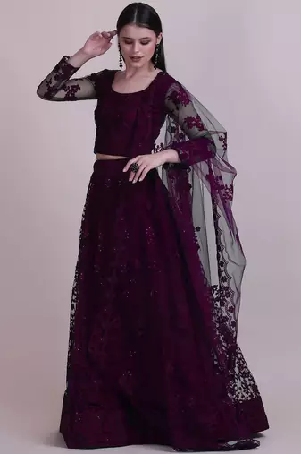 Embroidered Thread Work Semi-Stitched Net Lehenga & Blouse With Dupatta