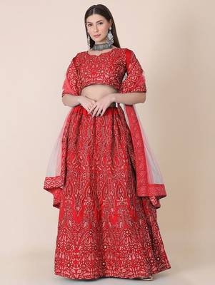 Embroidered Thread Work Semi-Stitched Lehenga & Blouse With Dupatta 1