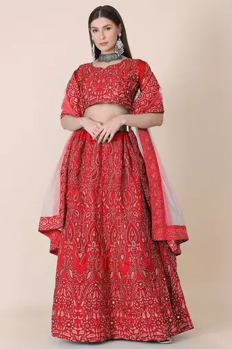Embroidered Thread Work Semi-Stitched Lehenga & Blouse With Dupatta