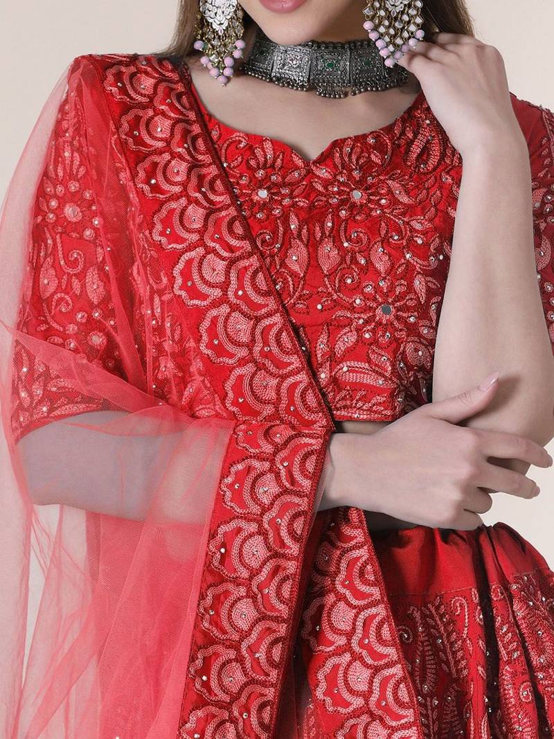 Embroidered Thread Work Semi-Stitched Lehenga & Blouse With Dupatta