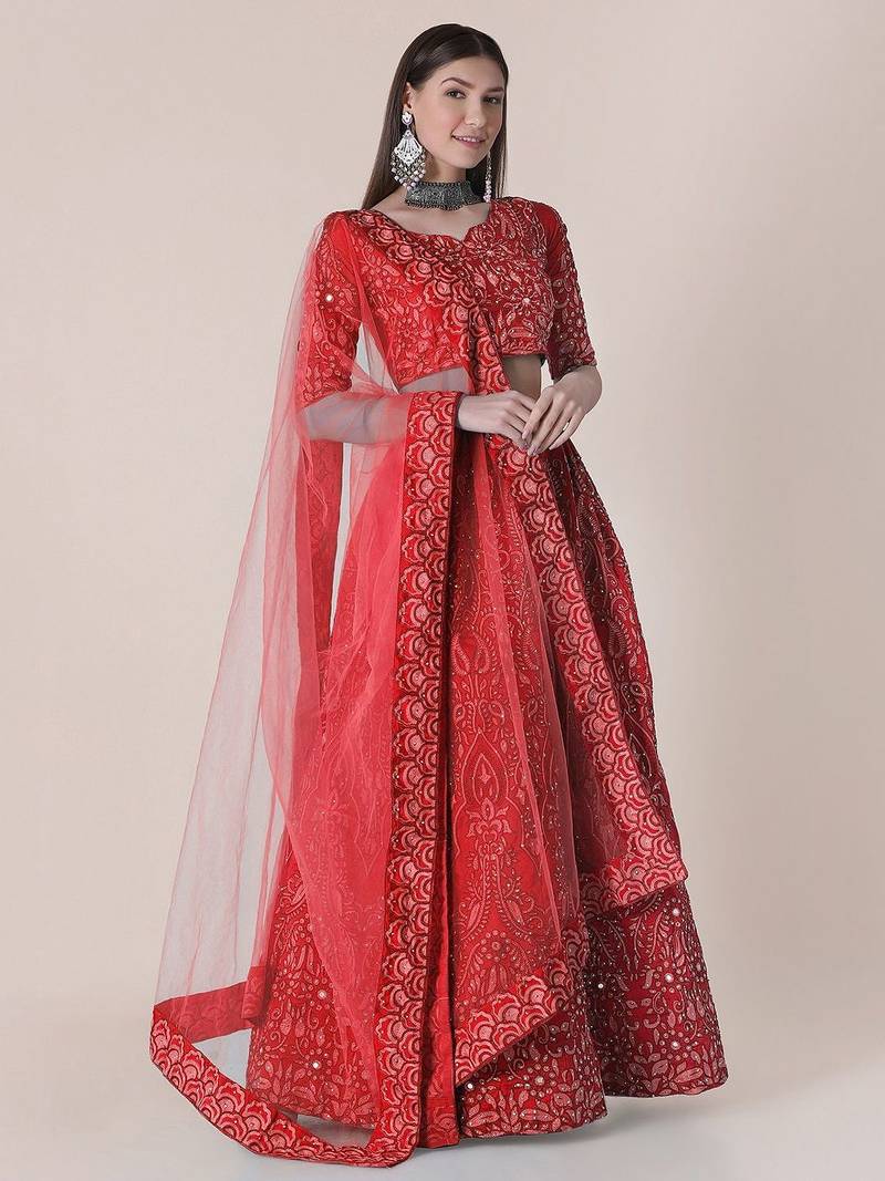 Embroidered Thread Work Semi-Stitched Lehenga & Blouse With Dupatta