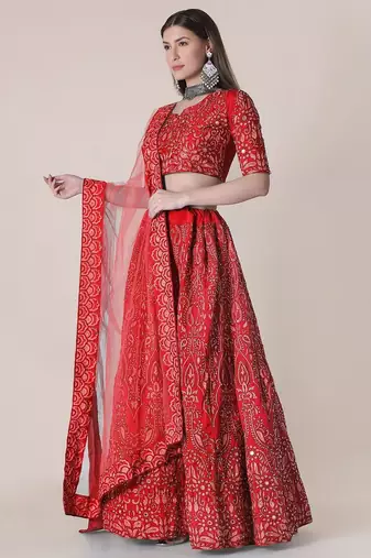 Embroidered Thread Work Semi-Stitched Lehenga & Blouse With Dupatta
