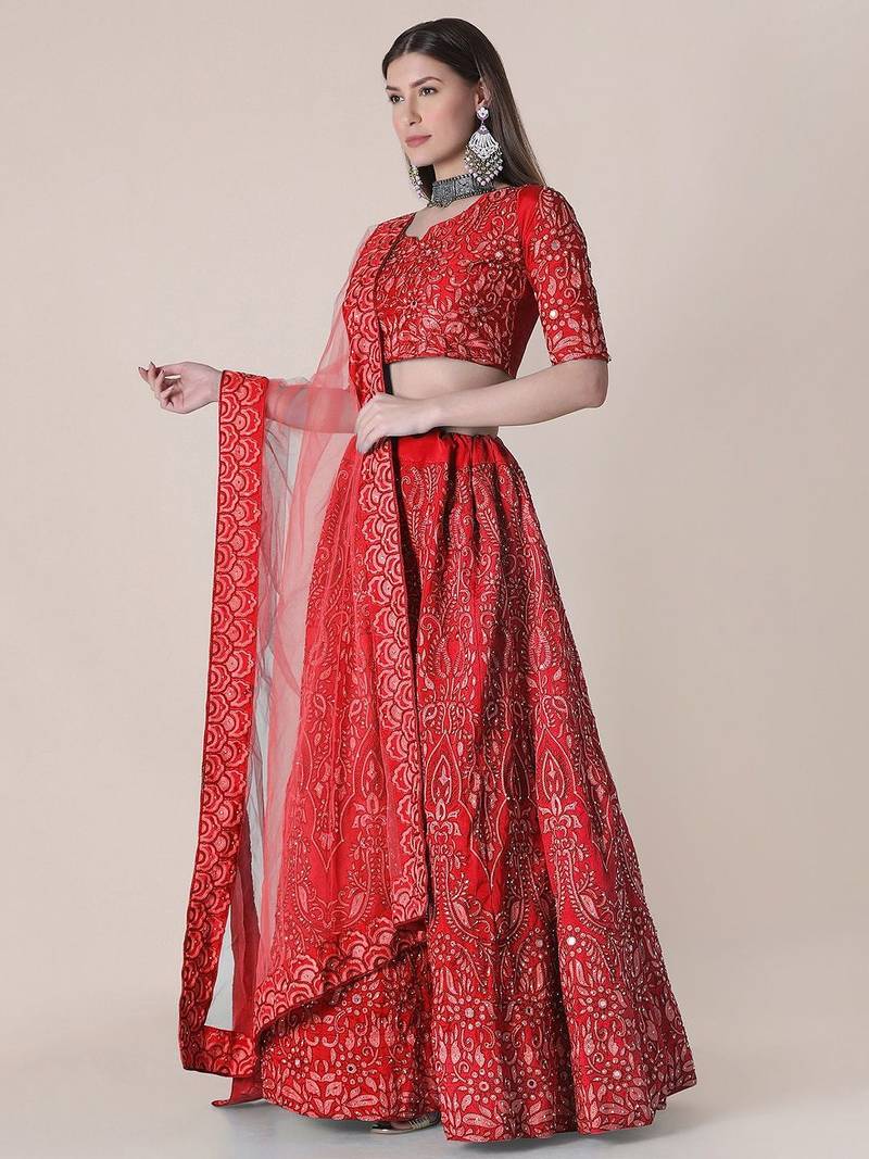 Embroidered Thread Work Semi-Stitched Lehenga & Blouse With Dupatta