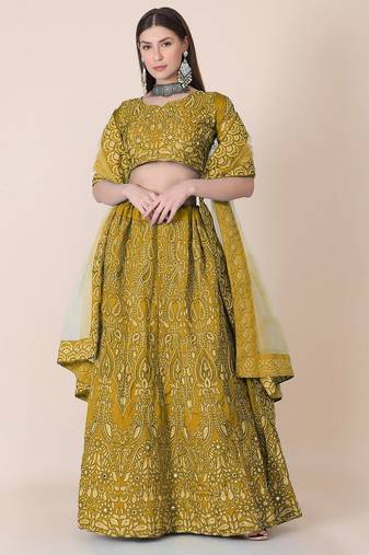 Embroidered Thread Work Semi-Stitched Lehenga & Unstitched Blouse With Dupatta