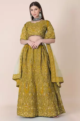 Embroidered Thread Work Semi-Stitched Lehenga & Unstitched Blouse With Dupatta