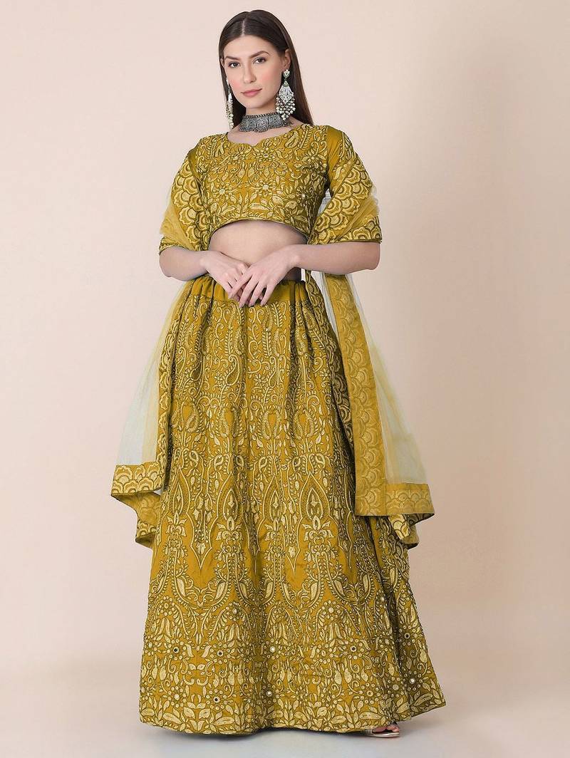 Embroidered Thread Work Semi-Stitched Lehenga & Unstitched Blouse With Dupatta
