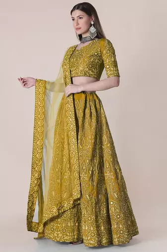 Embroidered Thread Work Semi-Stitched Lehenga & Unstitched Blouse With Dupatta