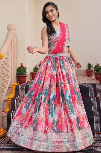 Embroidered Sequinned Semi-Stitched Lehenga & Unstitched Blouse With Dupatta