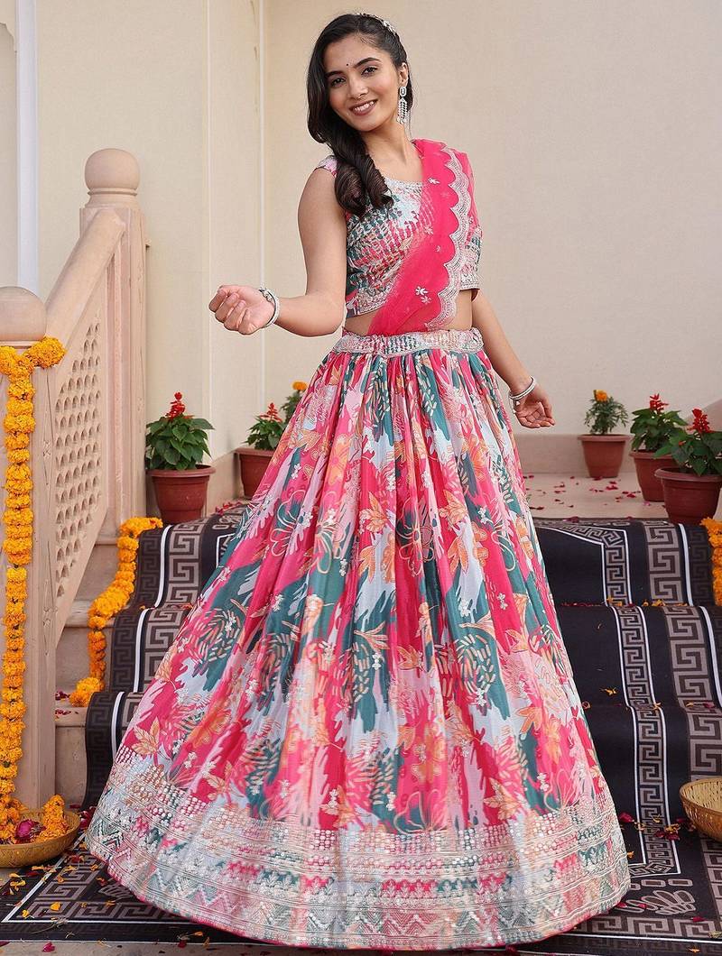 Embroidered Sequinned Semi-Stitched Lehenga & Unstitched Blouse With Dupatta