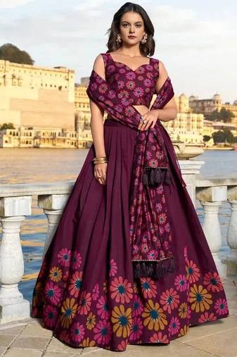 Printed Sequinned Semi-Stitched Lehenga With Unstitched Blouse And Dupatta