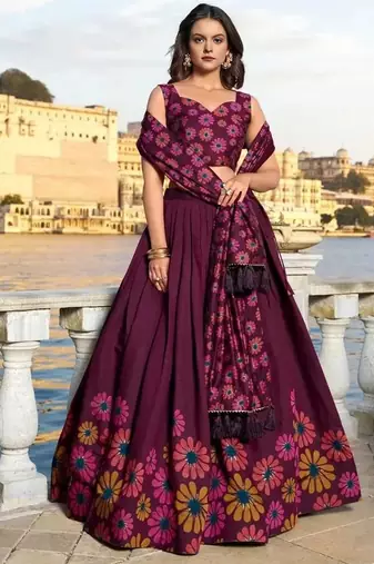 Printed Sequinned Semi-Stitched Lehenga With Unstitched Blouse And Dupatta